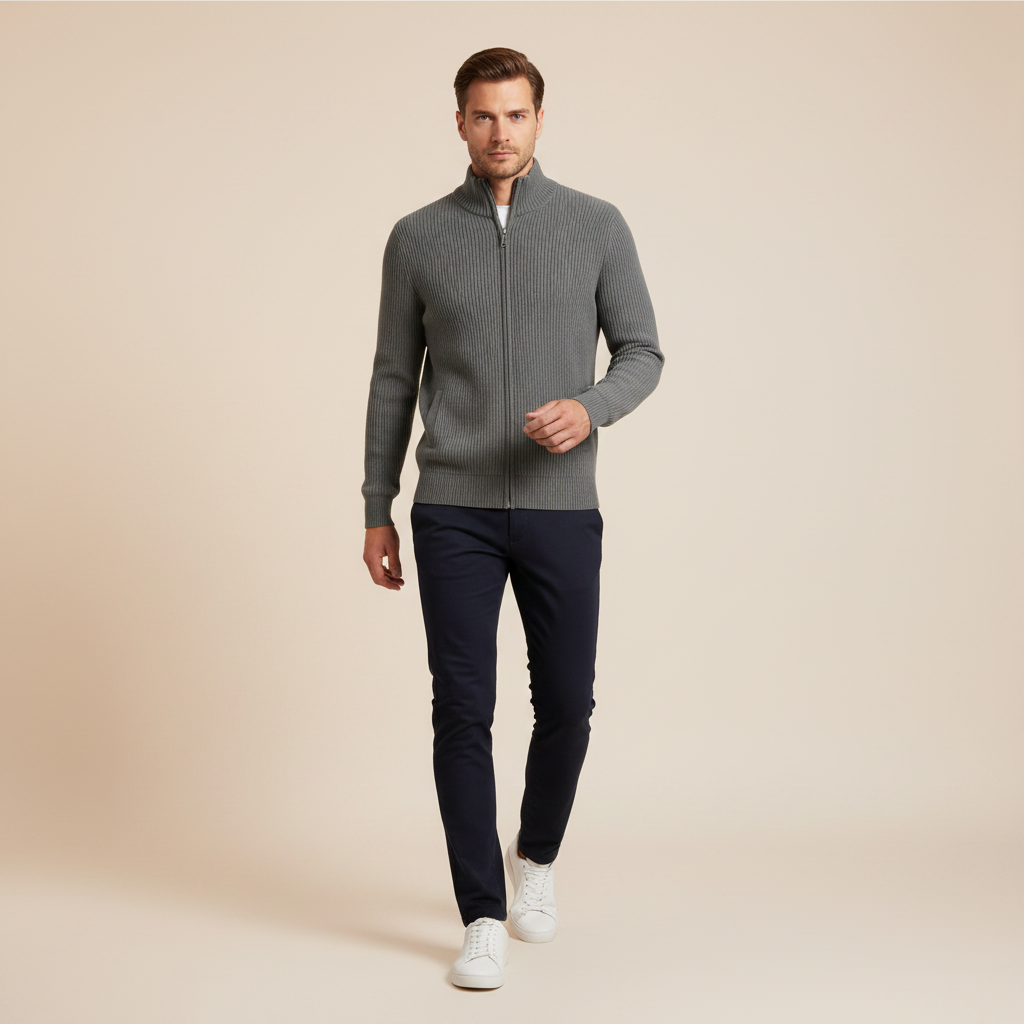 Men's Slim Fit Zip Cardigan | Ribbed Knit Design