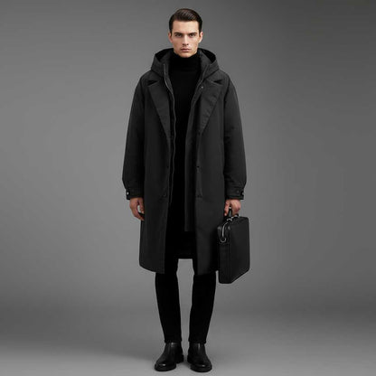 Men's Waterproof Puffer Trench Coat | Long Hooded Jacket